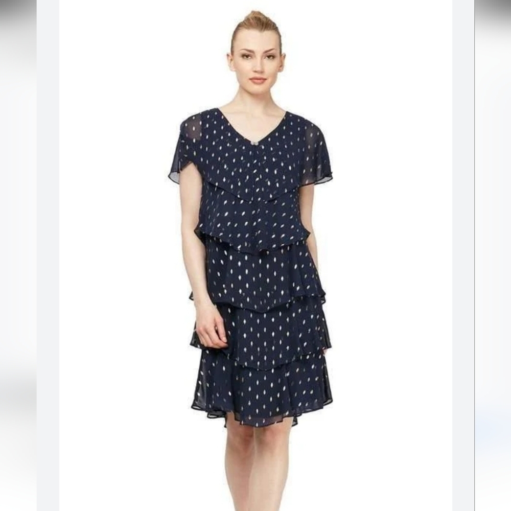 SL Fashions New York Metallic Print Tiered Dress Sz 16 Navy/gold